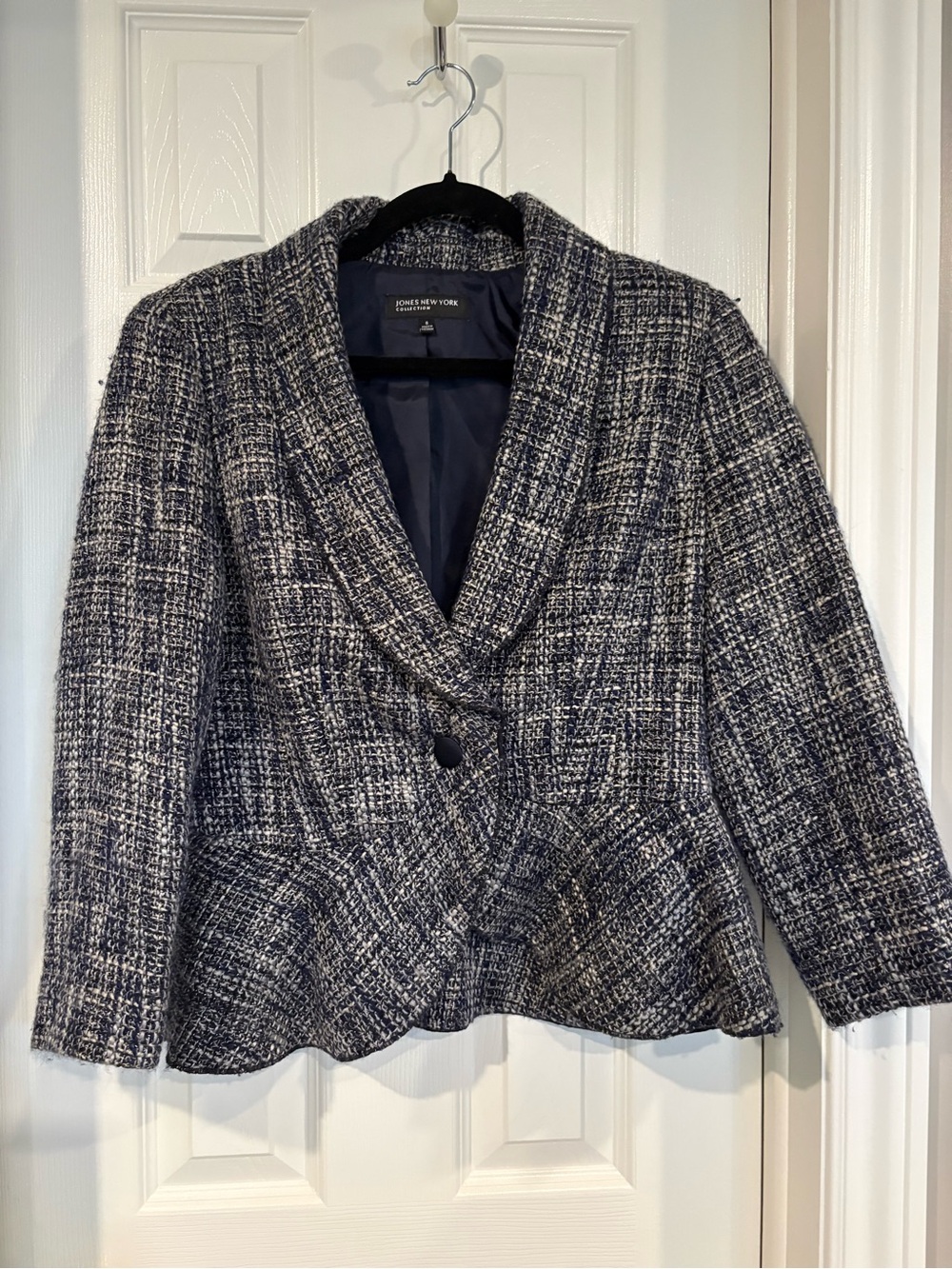 Jones New York Navy and White Tweed Peplum Blazer